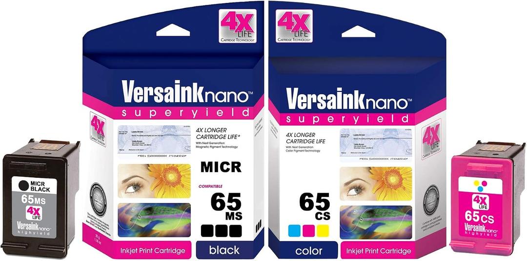 VersaInk-nano HP 65 MS MICR Black Ink Cartridge for Check Printing & VersaInk-Nano 65 CS Tri-Color Ink Cartridge Combo Pack
