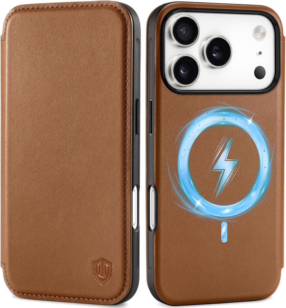 SHIELDON Real Leather Slim Case Wallet for iPhone 17 Pro 6.3-inch | Flip, Wireless Charging, Magnetic Closure, RFID Blocking Credit Card Holder, Full Protective Phone Cover - Saddle Brown