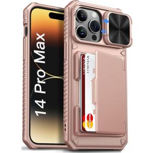 Vihibii for iPhone 14 Pro Max Case with Card Holder (4 Cards), [RFID Blocking] & Slide Lens Camera Cover, Military Grade Drop Protection, Rugged Heavy Duty Wallet Phone Case, 6.7" 2022, Rose Gold