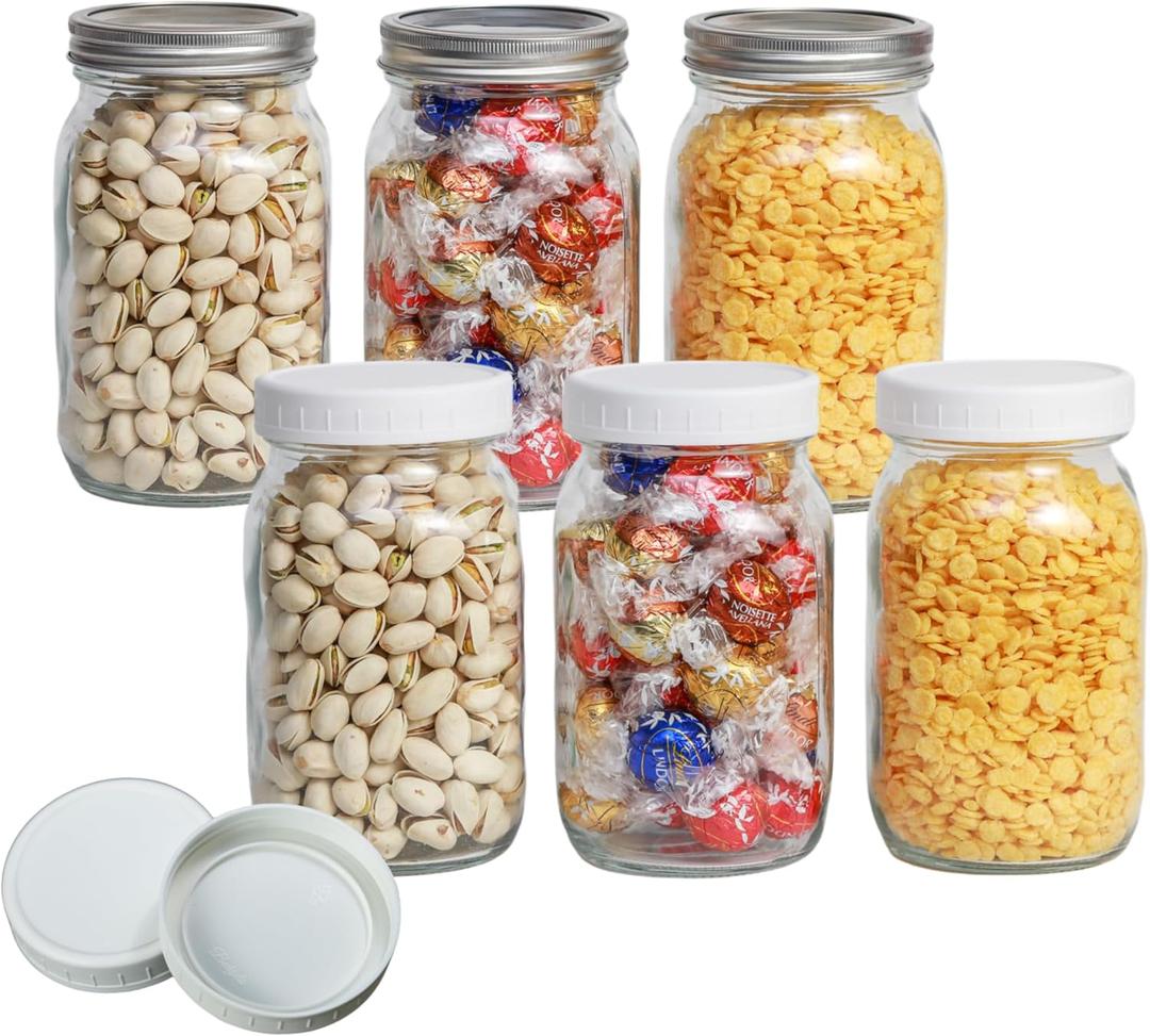 6 Pack 32 oz Glass Mason Jars, Wide Mouth Mason Jars with Lids and Bands and 6 White Plastic Mason Jar Lids, Clear