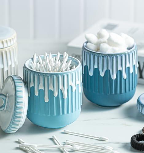 Qtip Holder Dispenser Bathroom Canister with Lid, Apothecary Jar Container for Vanity Makeup Organizer Storage - 14 oz Ceramic Jar for Cotton Swab Cotton Round Pad Floss Picks Hair Clips, Teal Blue 1Pack