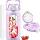 BLUEGO 64oz Glass Water Bottle with Handle and Straw, Motivational Sports Water Bottle with Time Marker and Silicone Sleeve Leakproof Drinking Bottle for Travel Gym Workout, Purple