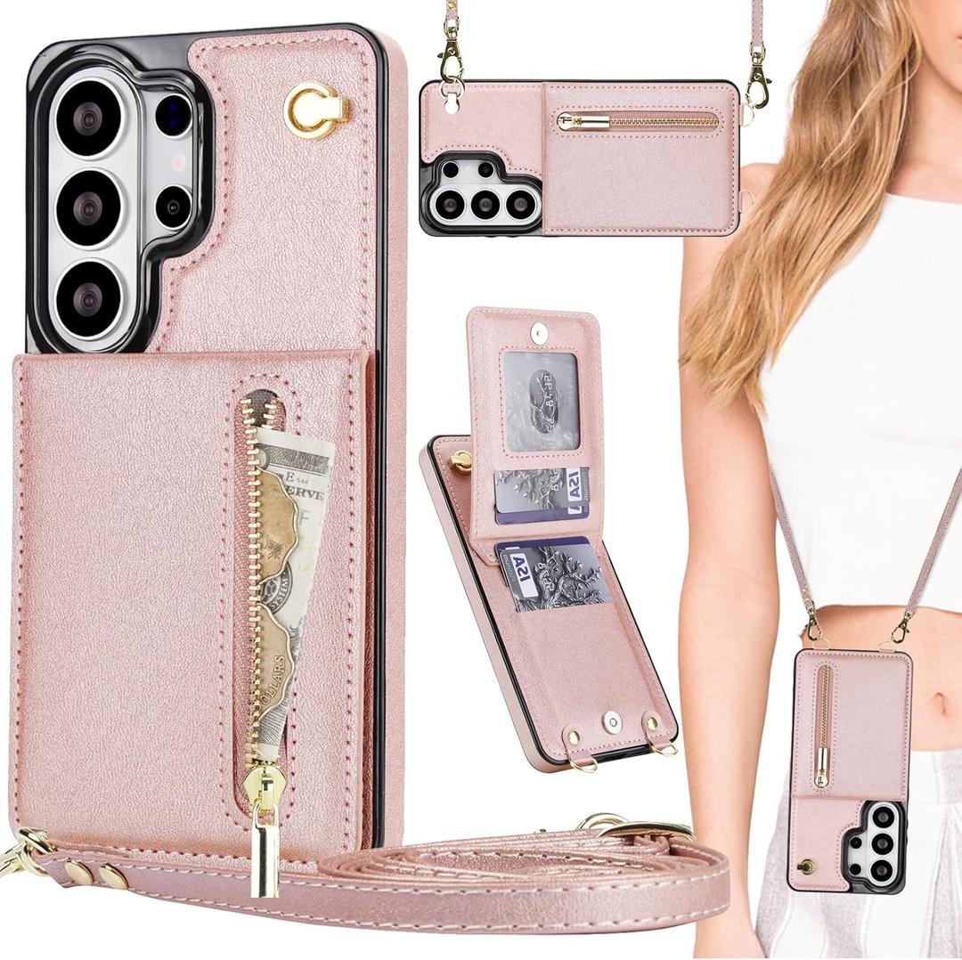 for Samsung Galaxy S26 Ultra Crossbody Wallet Case with Zipper Pocket for Women, PU Leather Lanyard Strap & Flip Kickstand Cover for Galaxy S26 Ultra ZP Rose