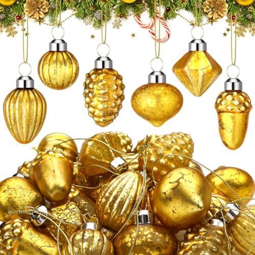 Syhood 22 Pcs Mini Mercury Glass Christmas Ornaments 1.2" Diameter Vintage Glass Balls Christmas Tree Hanging Ornaments for Xmas Party Wreaths Garland Window Decor(Gold)