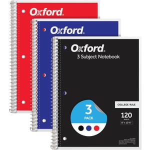 Oxford Spiral Notebook 3 Pack, 3 Subject Journal, 3-Hole Punch, College Ruled Paper, 2 Dividers, 8 x 10-1/2 Inches, Black, Red, Blue, 120 Sheets (65202)