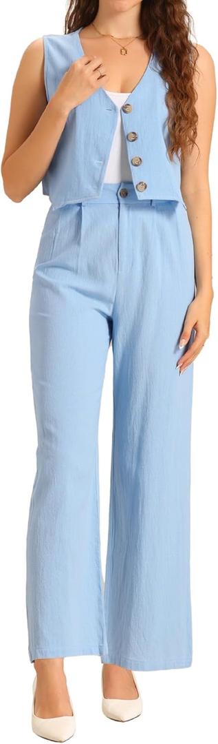 Allegra K Summer Two Piece Sets for Women Linen Crop Vest Wide Leg Pant Suits Dressy Casual Outfits (Blue, S)