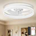 DLLT Low Profile Ceiling Fan: 20" Modern Flush Mount Ceiling Fans with Lights for Bedroom - White LED Bladeless Fandelier with APP Remote Control 3000K-6500K Quiet DC Motor for Kids Room Kitchen Loft