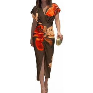 CHICME Summer Dresses for Women Floral Print Plunge V Neck Midi Dress Casual Ruched Slit Bodycon Party Dress L