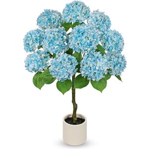 Hollyone Artificial Hydrangea Tree 3FT Blue Hydrangea Artificial Flowers Tree in Pot Fake Hydrangeas Plants & Flowers in Planter Greenery Potted Plant Indoor Outdoor Front Door Porch Home Decor