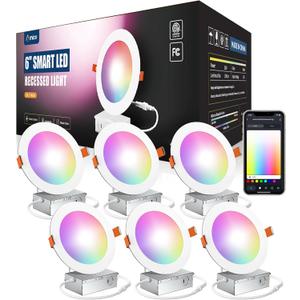 Amico 6 Pack 6 Inch Smart LED Recessed Lighting, WiFi Canless Downlight with Junction Box, RGB & 2700-6500K Color Changing, 12W=110W 1000LM, Voice & Remote & Group Control