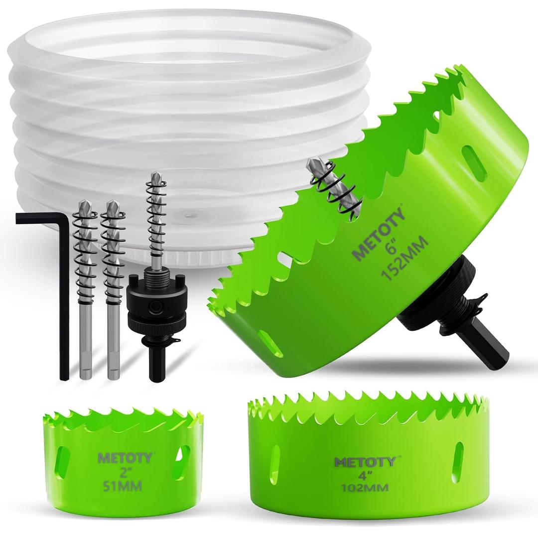 [8-in-1 Kit] Bi-Metal 2", 4", 6" Hole Saws + Drill Bits & Accessories Complete Cutting Set for Wood, Thin Metal,PVC Ideal for LED Lighting Installation