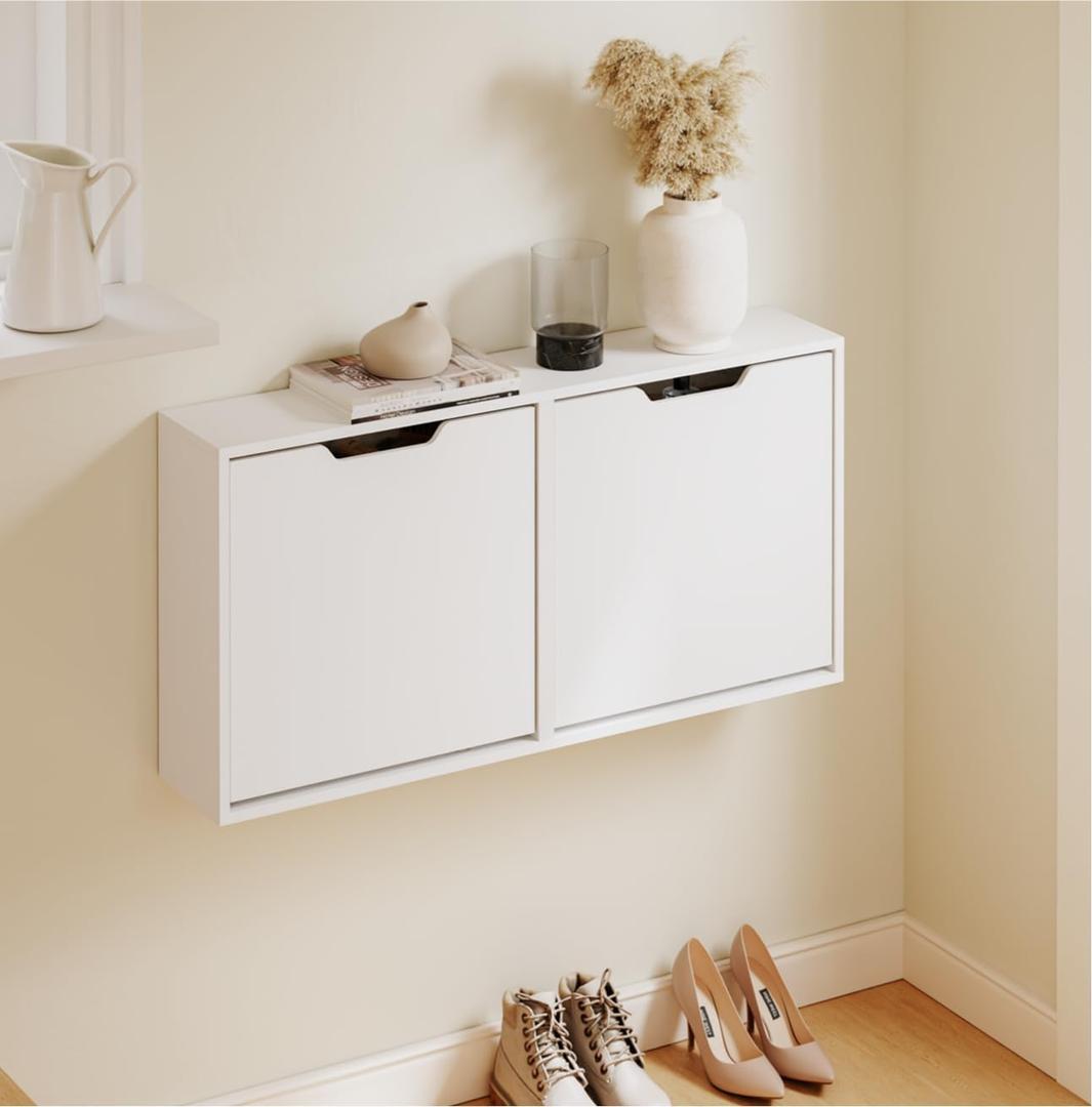 Haotian Wall Mounted Slim Shoe Cabinet for Entryway, Narrow Shoe Rack with 2 Flip Drawers, Hidden Shoe Storage Organizer, Vertical or Horizontal Mounting, Anti-Tip Design, White, FSR210-W
