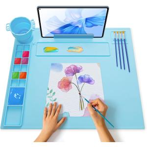 iArtker Silicone Painting Mat with Stand, Craft Art Mat with Cup and Lid, Non Stick Silicone Sheet for Resin, DIY, Clay, Play Doh, Blue