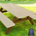 Smiry Picnic Table Cover with Bench Covers, Waterproof Elastic Fitted Tablecloth for 6 Foot Tables, Washable Polyester Tablecloths for Camping, Indoor & Outdoor (Champagne, 30x72 Inch 3-pc Set)