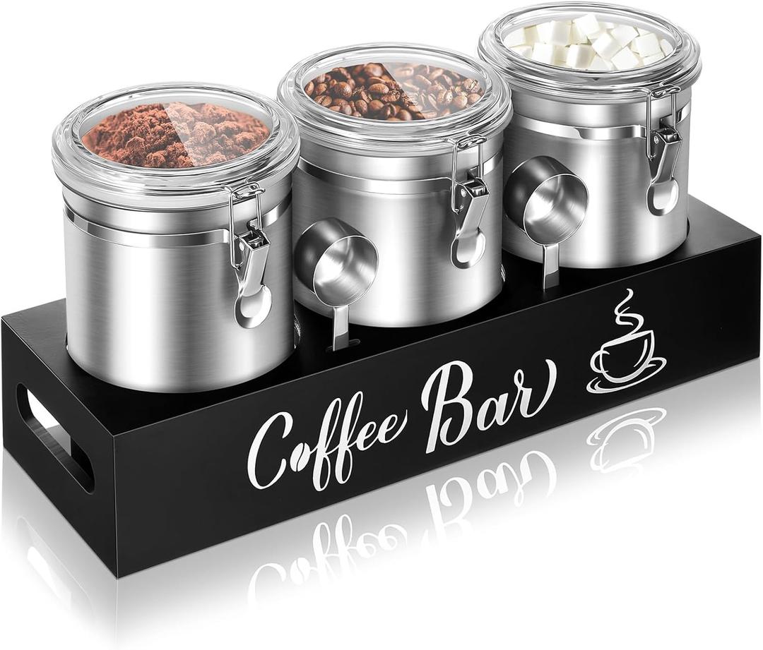 Maxcheck 3 Pcs 66 oz Coffee Canisters with Shelf 304 Stainless Steel Station Container for Ground Coffee Bean Storage with Airtight Locking Clamp and Scoop Kitchen Food Storage Jars(Silver)