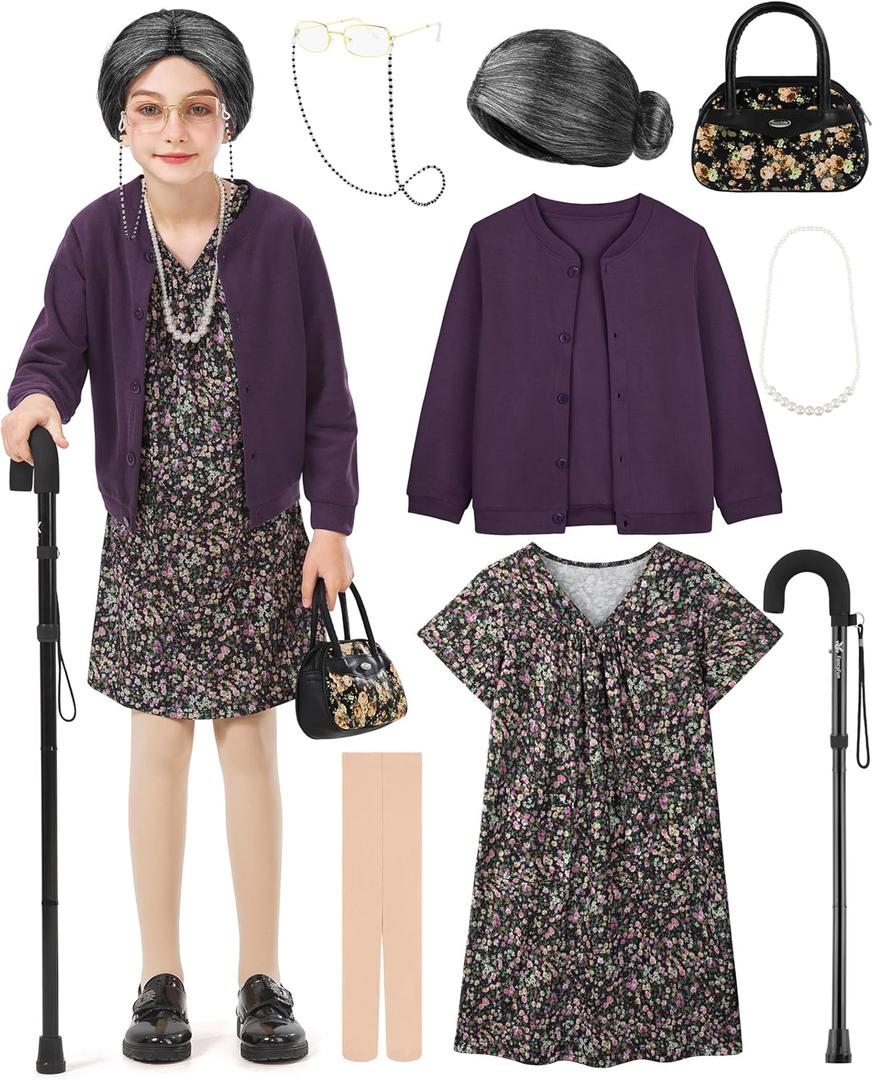 8 Pieces Old Lady Costume for Girls, 100 Days of School Costume for Kids Grandma Wig Granny Dress Cosplay Outifits (3-4T, Dark Purple Cardigan and Floral-black Nightgown)