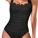 Eomenie Women One Piece Tummy Control Swimsuit Halter Scallop Trim Bathing Suits 1 Piece Vintage Ruched Slimming Swimwear (Medium, Black)