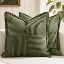 MIULEE Decorative Throw Pillow Covers for Couch Bed Livingroom 20x20 Inch Set of 2 Olive Green Boho Accent Throw Pllows Broadside Striped Patchwork Soft Corduroy Summer Pillowcases