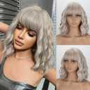 MISSQUEEN Ash Blonde Wavy Wig with Bangs Short Grey Blonde Wavy Bob Wig for Women Colorful Synthetic Heat Resistant Fiber Wigs for Daily Cosplay Costume Party Christmas Holiday Used (12inch)