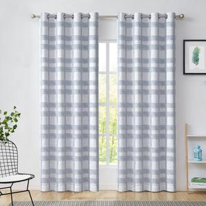 White and Blue Plaid Blackout Window Curtain Noise Reducing Buffalo Check Geometric Panel 84 Inches Long for Bedroom Grommet Top Rustic Farmhouse Room Darkening Drape, 50"x84", 2 Panels, Dusty Blue