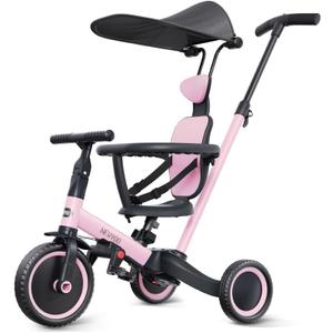 newyoo Tricycle for Toddlers 1-3, Toddler Tricycle with Push Handle and Canopy, Toddler Bike, Birthday Gift and Toys for Girl and Boy, 6 in 1 Baby Trike, Balance Bike, TR009, Pink