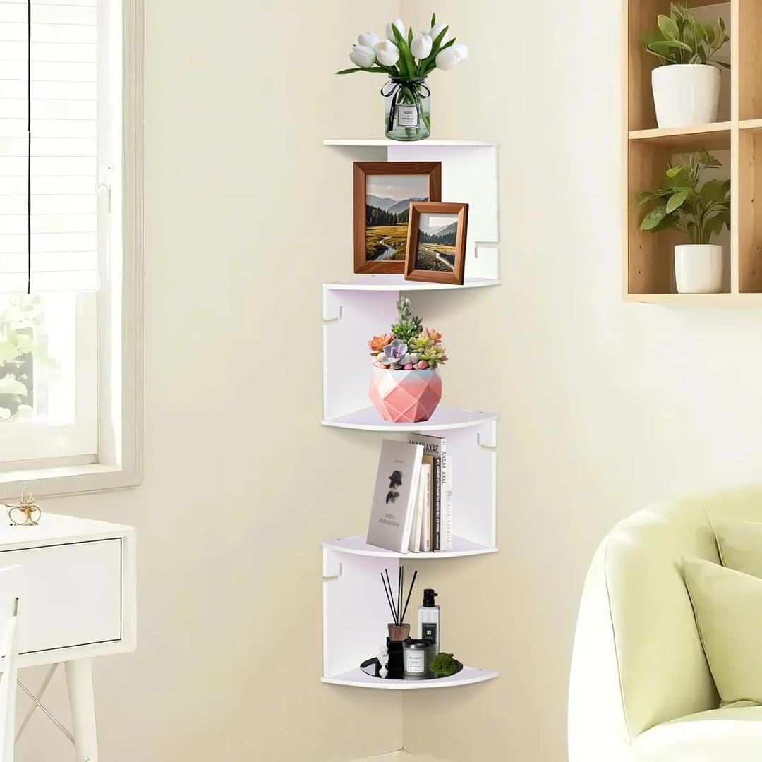 ShellKingdom Corner Shelf Wall Mount, 5 Tier Corner Bookshelf, Floating Display Shelves for Home, Living Room, Bedroom, Office, Bathroom, Small Spaces Decorations, 7.87 X 7.87 X 33.46 INCHES (White)