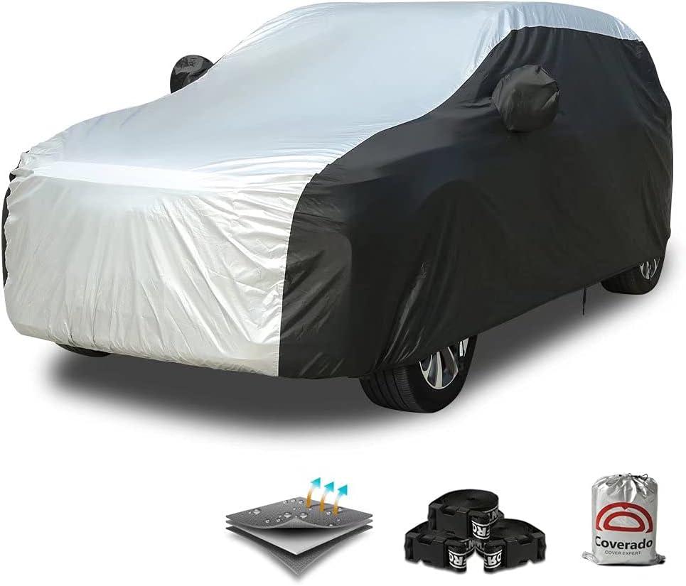 Coverado SUV Car Cover Waterproof All Weather, Outdoor Full Size Car Covers for Automobiles, Rain Sun UV Dust Protection Car Cover, Seam-Sealed Waterproof Car Covers Universal Fit for SUV (206"-215") (Black & Silver)