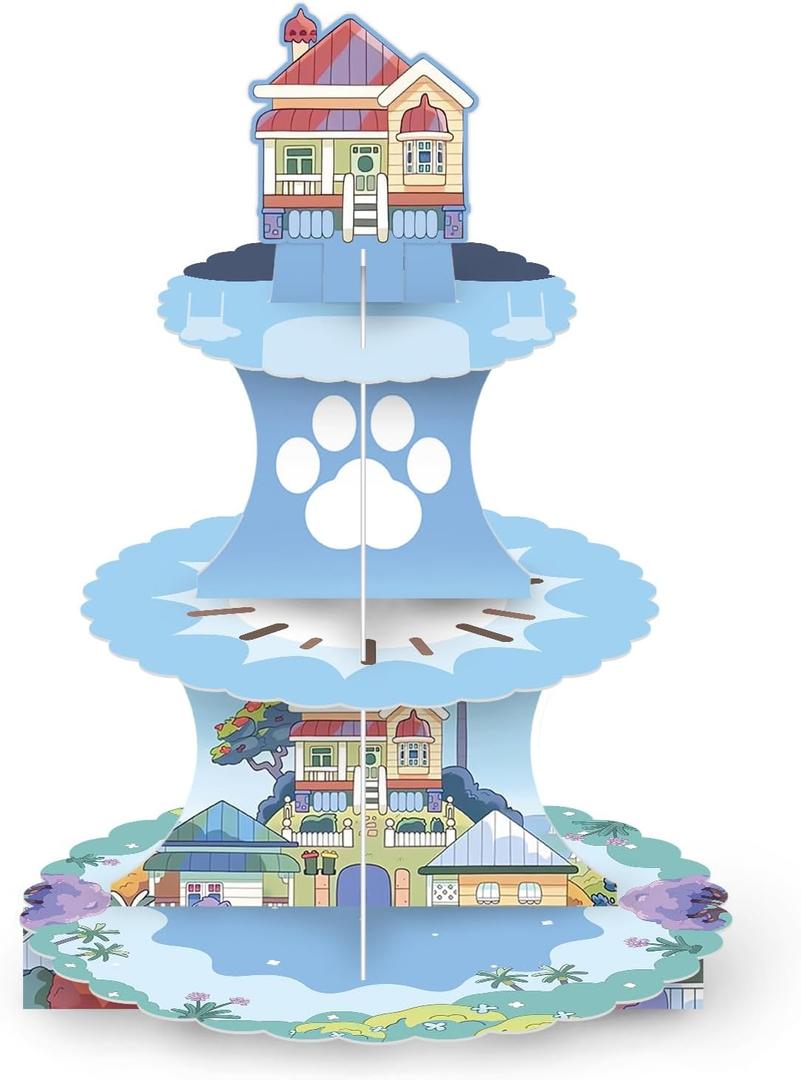 3 Tier Story Birthday Cupcake Stand Party Decorations Floral Cupcake Holder Blue Dog Dessert Tower for Boys Birthday Theme Baby Shower Party Supplies