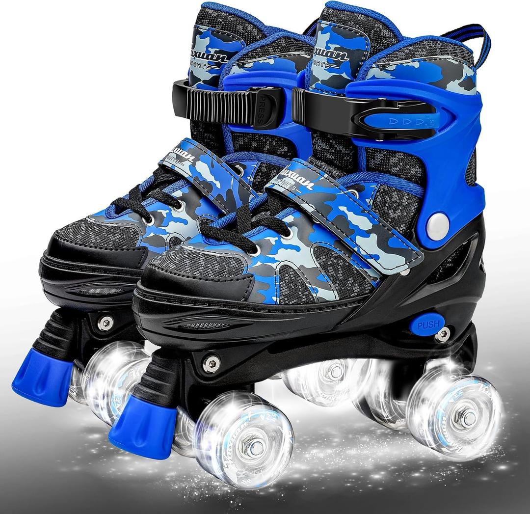 Kuxuan Skates Boys and Girls Camo Adjustable Roller Skates with Light up Wheels, Fun Illuminating Rollerskate for Kids Girls Youth (Small(10-12US), blue)