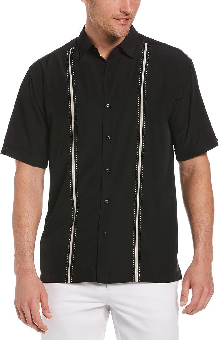 Cubavera Paneled Short Sleeve Shirt for Men, Classic Fit, Wrinkle Resistant, Casual Button-Down Shirt With Spread Collar (X-Large, Jet Black)