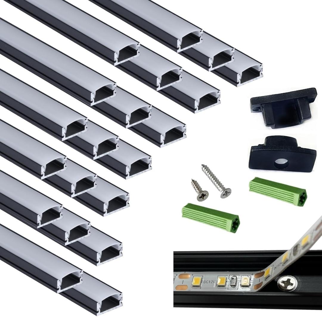 20-Pack 3.28FT Pre-Drilled Countersunk Hole LED Strip U Channel Diffuser, Matte Black Flush Mounted Under Cabinet Tape Light Aluminum Low Profile with Milky Cover (20, 3.28FT) 