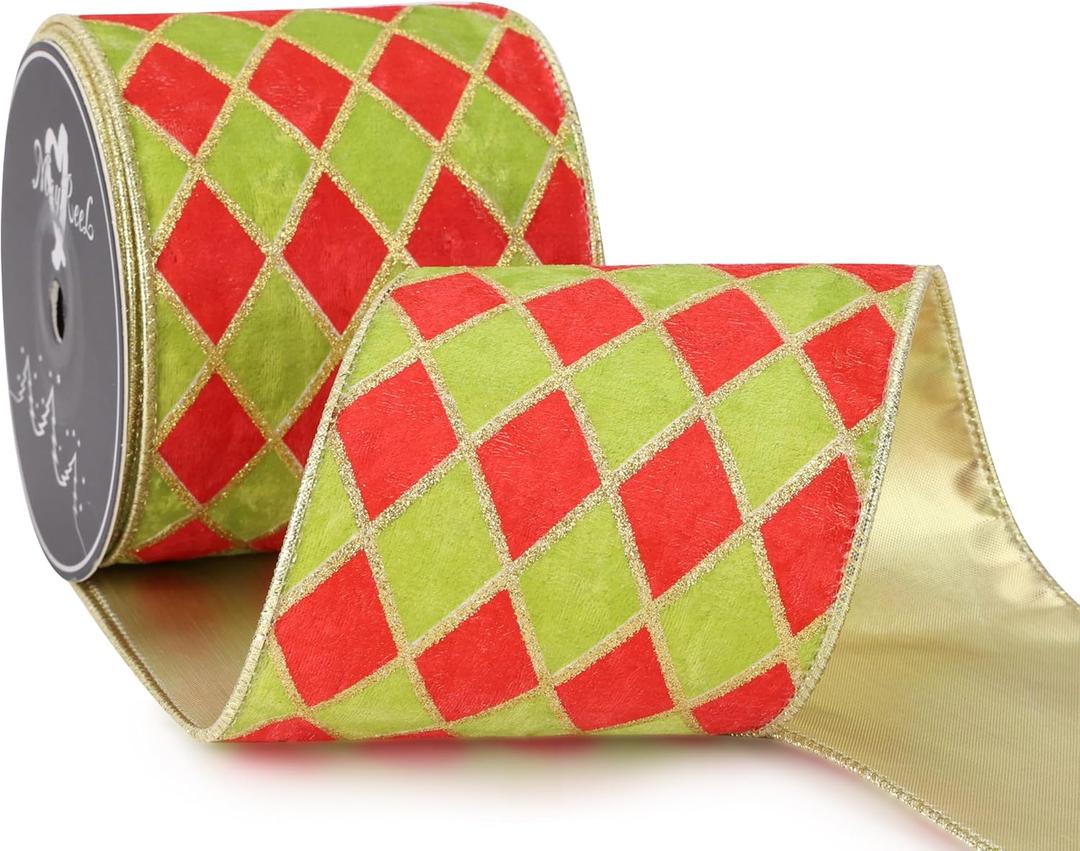 MAYREEL Red and Lime Green Crushed Velvet Wired Ribbon 4 Inch Extra Wide Christmas Ribbon with Gold Diamond Lattice Glitter, 10-Yard Roll for Christmas Tree, Wreaths, Bows & Elegant Holiday Dcor