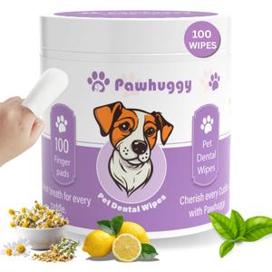 Pawhuggy - 100 Finger Wipes - Pet Dental Wipes for Dogs & Cats - Dog Teeth Cleaning Powder & Toothpaste Alternative - Dog & Cat Teeth Cleaning Wipes - Freshen Breath & Reduce Plaque