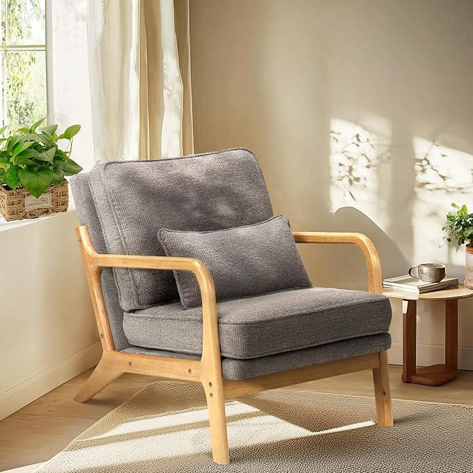 COLAMY Mid Century Modern Accent Chair with Lumbar Pillow, Relaxing Armchair with Solid Wood Frame & Soft Cushion, Reading Leisure Chair for Living Room,Bedroom,Waiting Room（Grey）