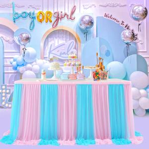 6ft Pink and Blue Table Skirt for Gender Reveal Tulle Tutu Table Cloths Cover for Baby Shower Boy or Girl Birthday Party Dessert Buffet Banquet Table Decorations (L6(ft)xH 30in, Pink+blue)