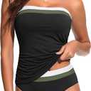 Daci Bandeau Tankini Swimsuits for Women - Two Piece Ruched Tummy Control Bathing Suit Strapless Swimwear with Bottom (Large, Black Color Block)