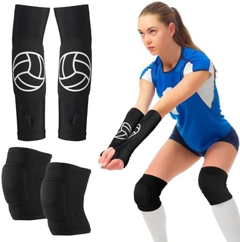 Hungdao 1 Set Volleyball Knee Pad and Arm Sleeve Volleyball Accessories Stuff Forearm Elbow Sleeve Wrist Guard with Protection Pad and Thumb Hole for Women Men Adult(Classic) 8-14 Age