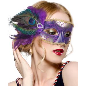 Halloween Masquerade Masks for Women - 2025 Peacock Feather Mask for Men Couples, 1920s Venetian Eyemask for Party (Gold and Purple)