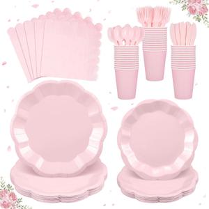 175 Pcs Pink Paper Plates and Napkins Set Include 9" Mothers Day Plates, 7" Dessert Plate Disposable Scalloped Tableware Serve 25 Guest for Wedding Baby Shower Bridal Shower Birthday Mother's Day