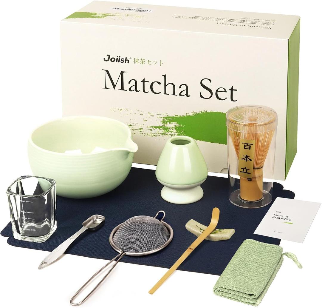 Matcha Whisk Set, Matcha Kit 10-Pcs, Bamboo Whisk and Ceramic Bowl with Spout & Measuring Spoon & Cup, Japanese Ceremony Matcha Tea Making Tools, Light Green