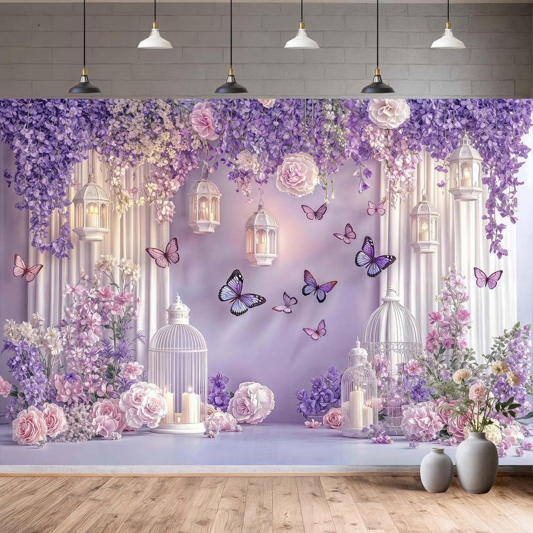 10X8ft Purple Butterfly Floral Backdrop for Photography Butterfly Flowers Theme Girls Party Decorations Background Wedding Birthday Baby Shower Party Cake Table Decor Photo Booth Props (Multi)