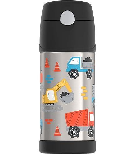 THERMOS FUNTAINER Water Bottle with Straw - 12 Ounce - Kids Stainless Steel Vacuum Insulated Water Bottle with Lid, Construction