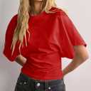 Lumister Shirts for Womens Crewneck Tighten Waist T-Shirt Casual Short Sleeve Workout Tops Solid Color Basic Tees (Red, L)