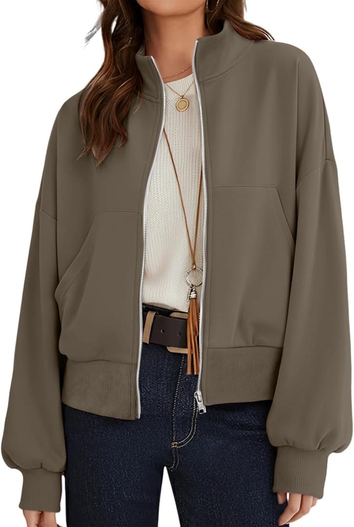 CRAZY GRID Womens Fashion Full Zip Up Jacket Comfy Long Sleeve Cropped Gym Top Solid Color Outfits with Pockets (Medium, C Grey Coffee)