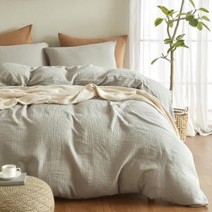 SE SOFTEXLY Muslin Duvet Cover Queen Size, 100% Washed Cotton Duvet Cover Set, Ultra Soft Comforter Cover Linen Like, 3 Pieces Minimalist Gauze Duvet Cover with 2 Pillowcases, 90"x90", Smoky-Green