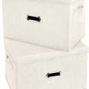 Large Linen Fabric Foldable Storage Bins with Removable Lid and Handles, Washable Storage Box Organizer Containers Baskets Cube with Cover for Bedroom,Office(Cream, Medium(2-Pack))