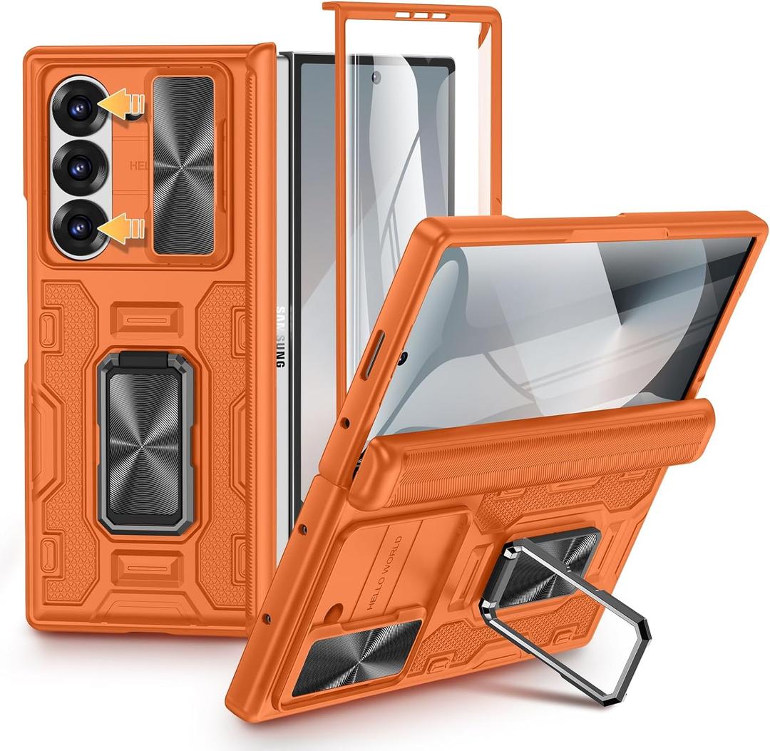 VEGO for Z Fold 6 Case with Screen Protector[Built-in Kickstand][Camera Lens Cover][Hinge Protection] Full Body Shockproof Anti-Drop Protective Phone Case for Samsung Galaxy Z Fold 6 2024-Orange