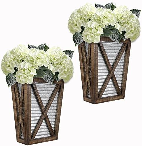 Autumn Alley Large Rustic Farmhouse Wall Planter Set of 2, Farmhouse Decor Wall Hangings for Hanging Planter Indoor, Galvanized Wall Planter, Corrugated Metal, Wooden, Brown - Flowers Not Included