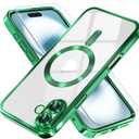 Misea Magnetic for iPhone 16 Case Compatible with MagSafe [Never Yellowing] [Military Grade Drop Protection] Full Camera Lens Protector Plating Soft Clear Phone Case for Women 6.1 inch, Green