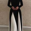 Kwunbwa Wedding Guest Dresses for Women Elegant Long Sleeve Patchwork Pleated Swing Long Dress Formal Maxi Dress (Black, L)